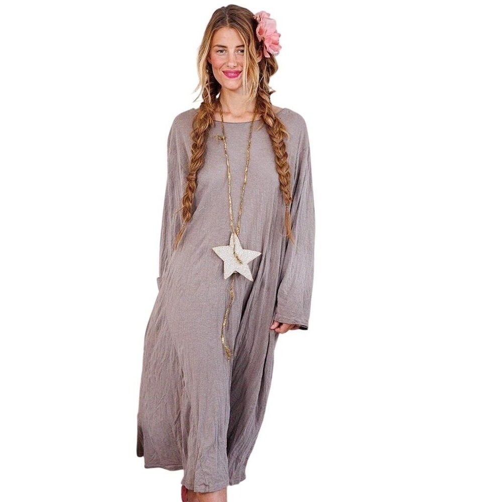 Magnolia Pearl Long Sleeve Jersey Maxi Dress Dark Gray Distressed Bohemian NWT